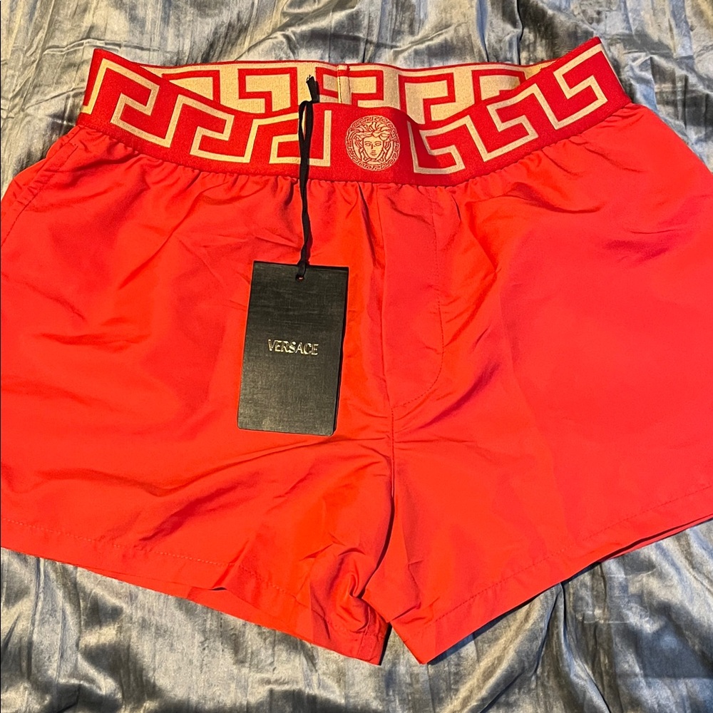Versace Red Athletic Shorts with Gold Accents